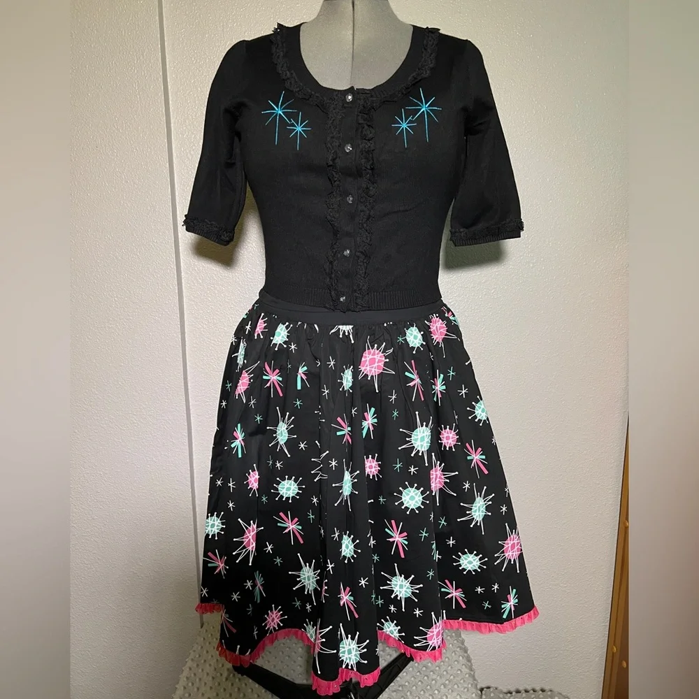 Sourpuss Black Form Fitting Cardigan with Aqua Starburst and Lace Sz XL NWT - Picture 8 of 10